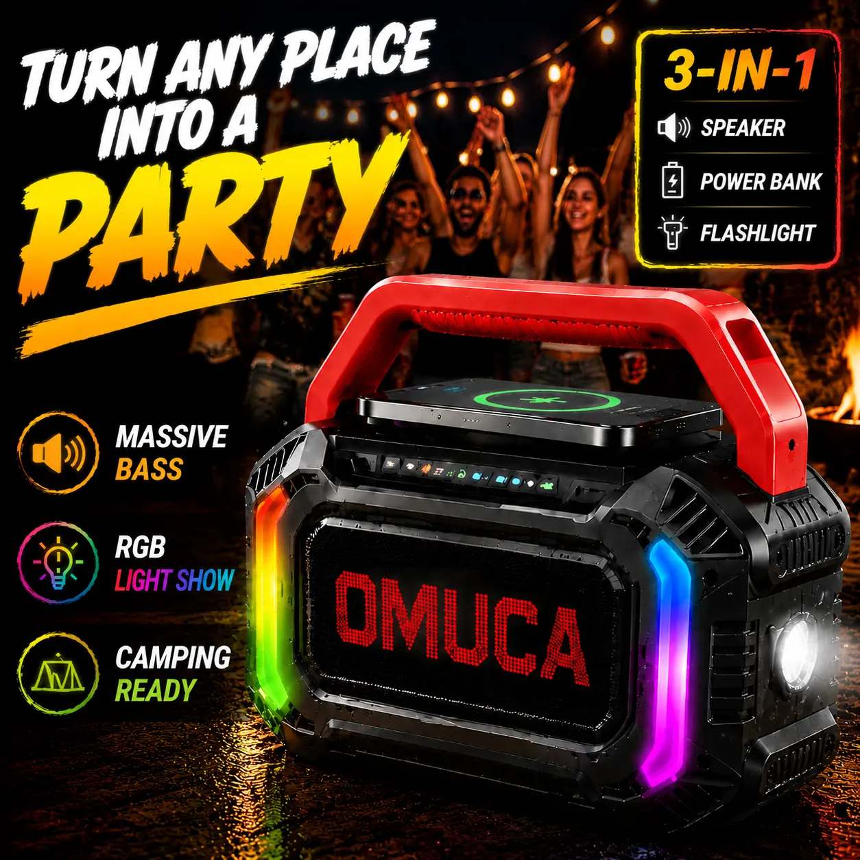 OMUCA  Outdoor Speaker, 100W, TWS Stereo SoundChannel, 20H Playtime, Fast Charge, IPX6 Waterproof, RGB Lights, Flashlight for Outdoor, Bluetooth 5.3, Wireless ChargingPortable for Outdoors, Camping, Beach #tiktokshopsummersale Audio Bluetooth Charging
