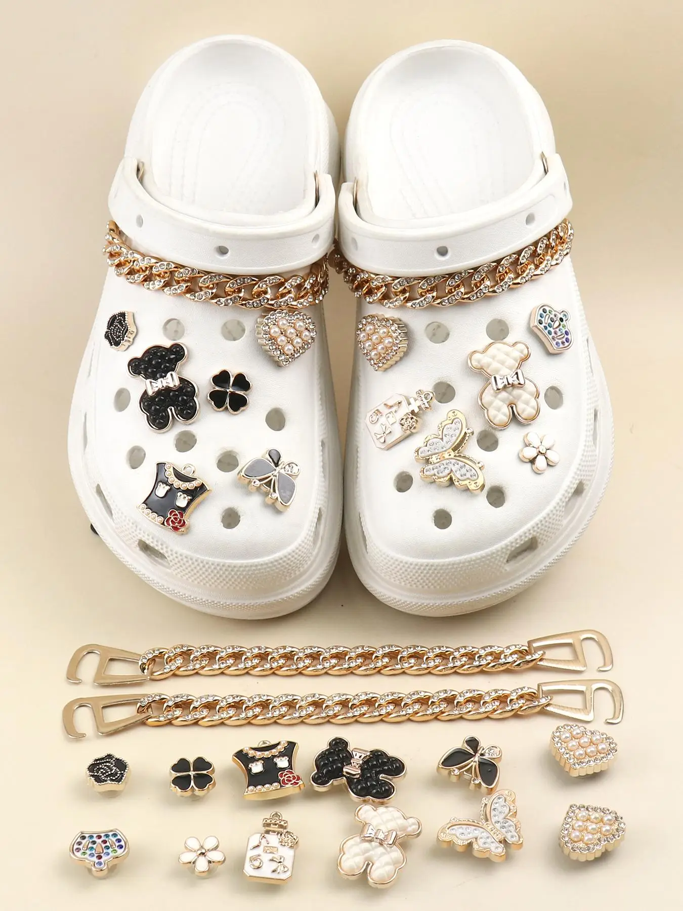 14pcs/set Fashionable Bear & Flower Design Shoes Decorations, Cute Cartoon Chain & Butterfly Design Shoes Charm, Shoes Decoration Accessories