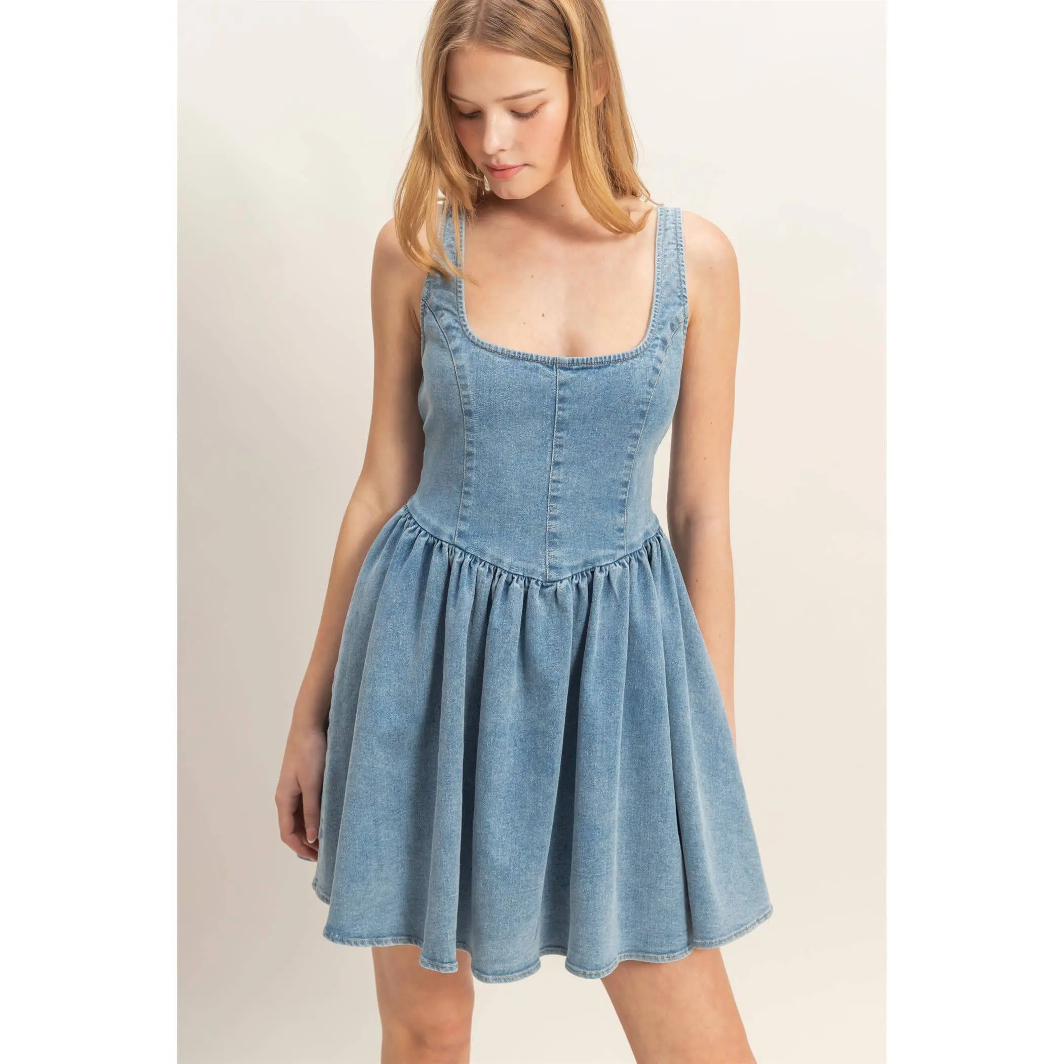 square neck denim dress Square Neck Tie Shoulder Denim Dress main image 0