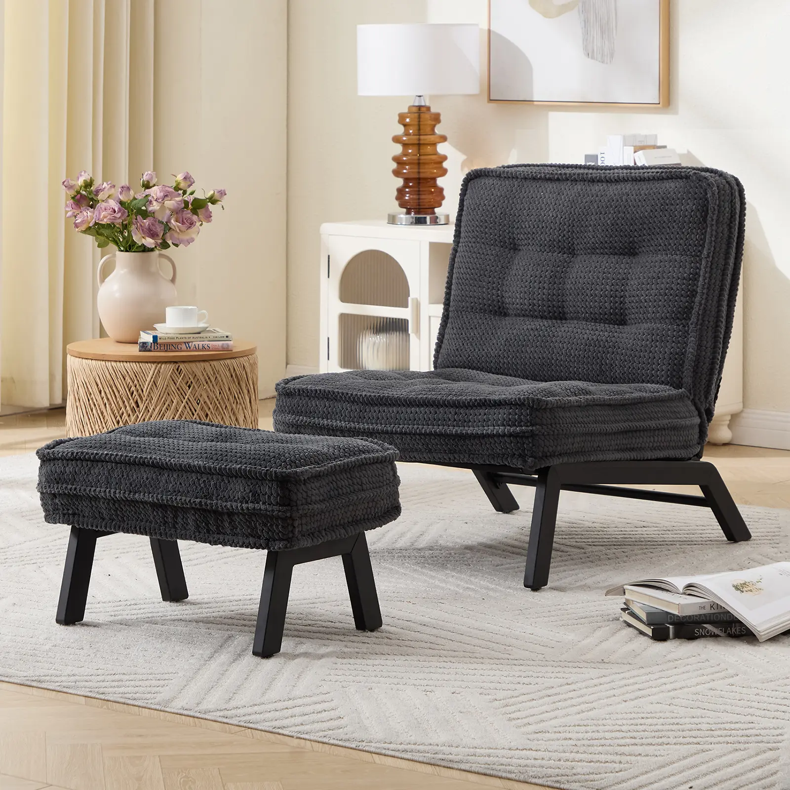 EBELLO Upholstered Accent Chair with Ottoman Armless Padded Lounge Chair | for Bedroom Living Room Cloud Like Comfort Solid Wood Legs Fire Retardant Padding