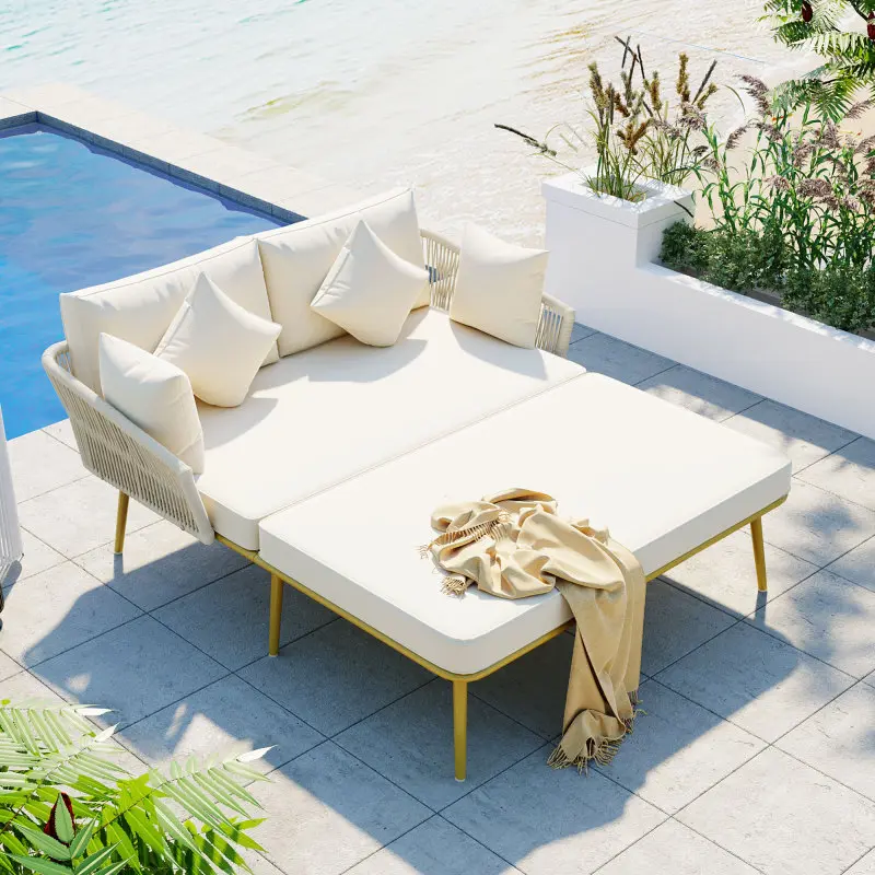 Luxury Outdoor Patio Daybed for Two - All-Weather Woven Nylon Rope Backrest, 3.5" Washable Cushions, 350lbs Capacity, UV/Water Resistant (Beige)
