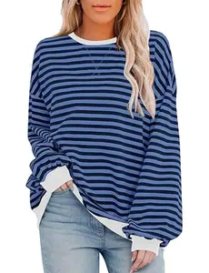 Womens Ovesized Striped Sweatshirt Crewneck Classic Color Block Long Sleeve Casual Tshirt Loose Pullover Tops Back to School