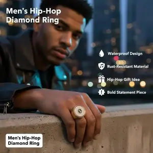 Male Streetwear Round Ring - Hip-Hop Look, Waterproof, Rust-Resistant, Bold Statement Design, Round Diamond Accent, Sizes 6-12, Ideal Valentine’s Day Gift for Him fathersdaygiftideas