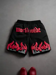 Men's Summer Fashion Casual Shorts - Flame and Letter Print Style, Black Patterned Shorts