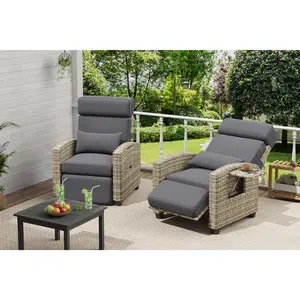 Set of 2 Outdoor Rattan Recliner Chairs, 150° Adjustable Backrest & Footrest, Turn over-Up Side Table, Removable Cushions, Weather-Resistant Wicker Patio Armchairs for Lawn, Backyard, or Garden（One box, one piece）