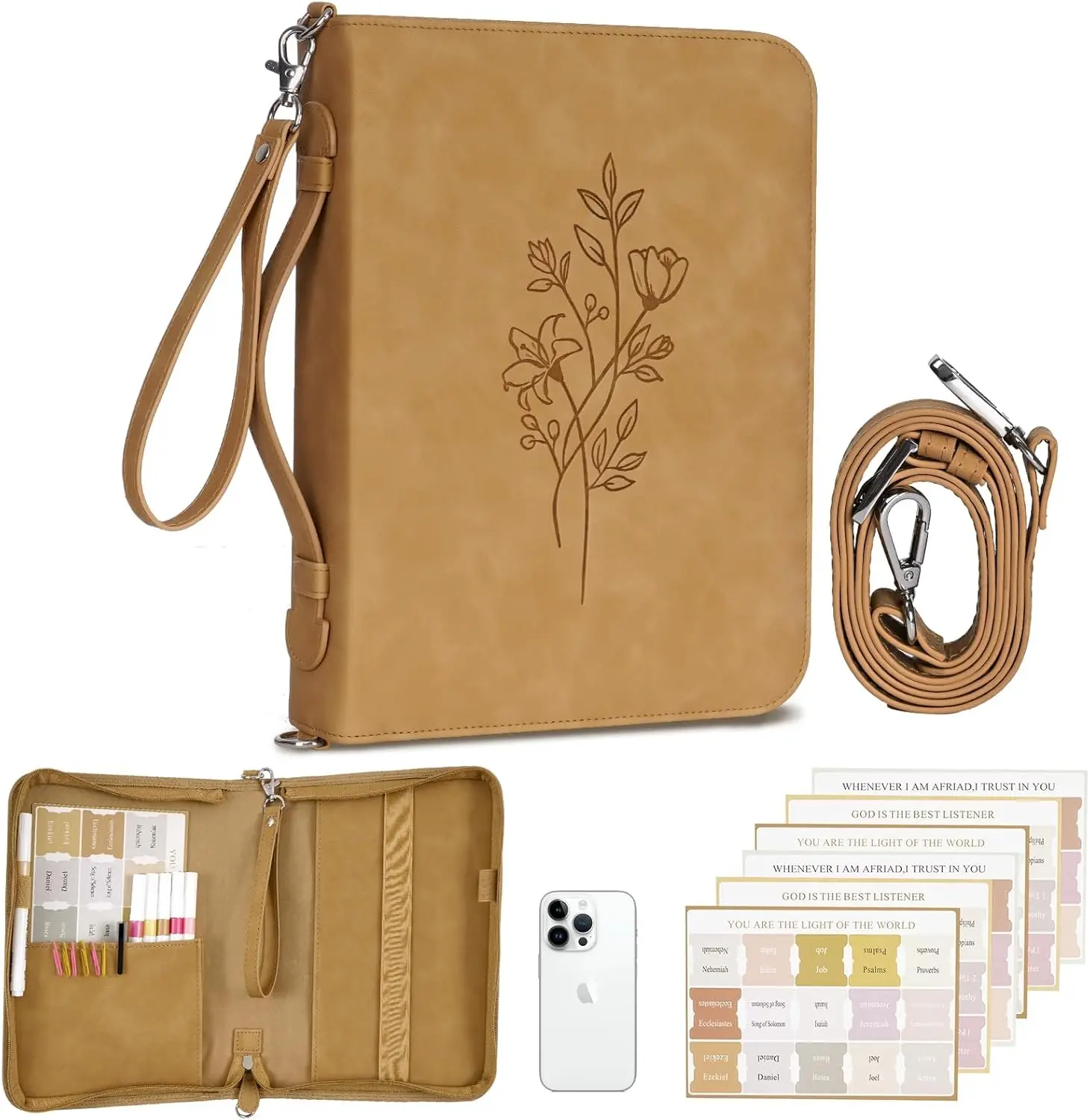 Bible Cover Case for Women PU Leather Bible Bag with Detachable Shoulder & Wristlet Straps Church Bag for Bible Study Supplies Christian Gift Brown 10 x 7 x 1.9 Floral Design