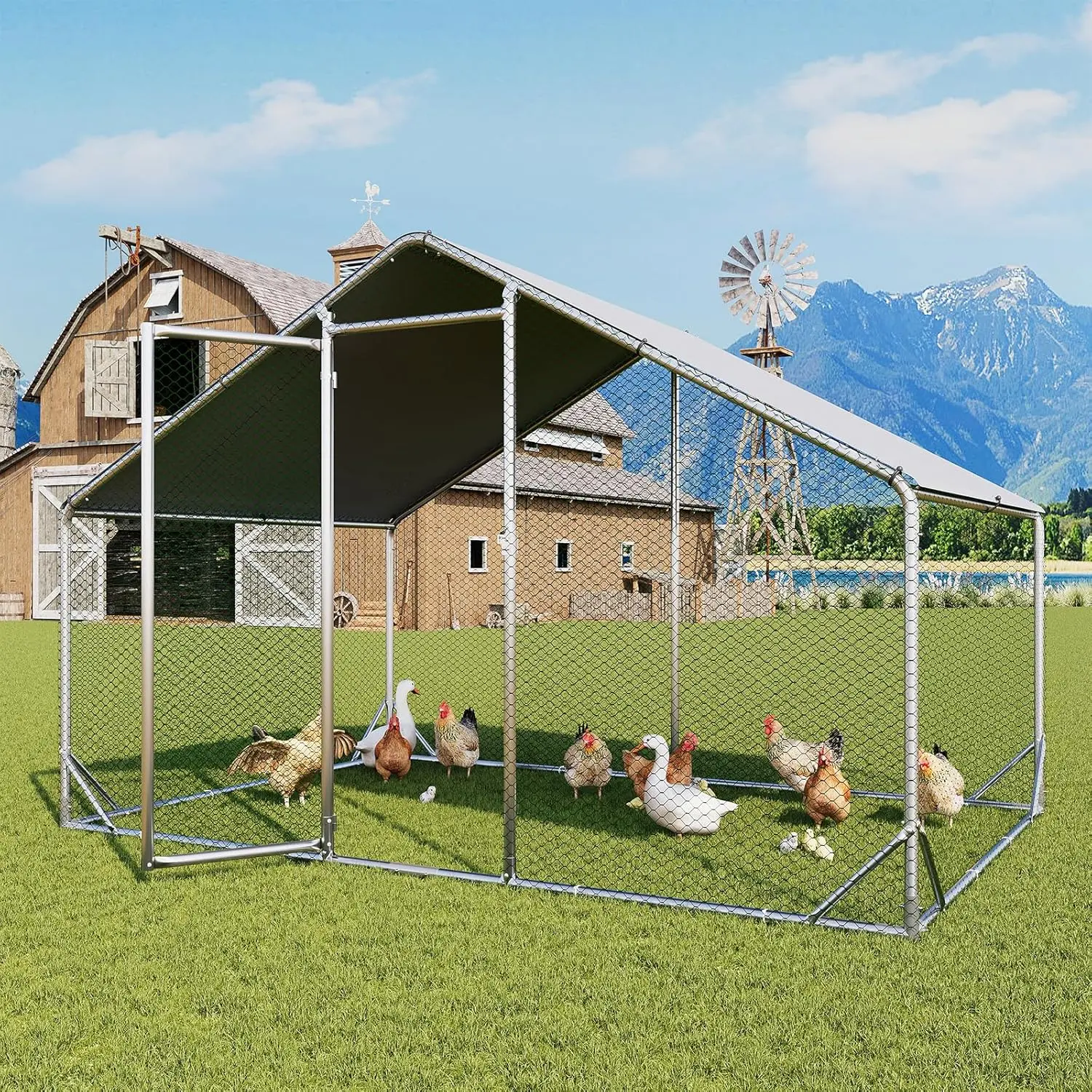 Jolydale Metal Chicken Coop, Outdoor Chicken Runs for Yard with Cover, Spire Roof Hen House Enclosure with Security Lock, Walk-in Cage Peak Hen House for Yard Farm (10x6.5x6.4 FT)
