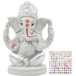 Polystone Lord Ganesha Idol Statue - 5”H Silver Toned Hindu God Ganpati Mandir Diwali Pooja Item Home Temple Puja Decor Ganesh Murti Altar Shrine Spiritual Decoration Gifts for Indian