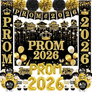 Prom Decorations 2026, includes Prom 2026 Banner Prom Backdrop Gold and Black Balloons Honeycomb Centerpieces Hanging Swirls Porch Sign, Prom Send Off Deco