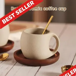 Viral 2pc Wabi-Sabi Ceramic Cup Set with Wooden Saucer - Aesthetic 8.5oz Japanese Espresso Mug - Handcrafted Thick-Walled Tea Cup for Home Cafe & Morning Rituals