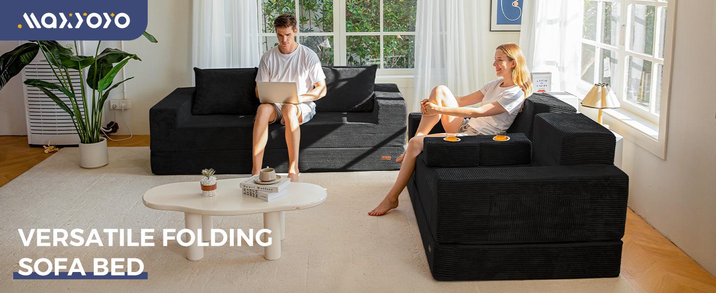 MAXYOYO Loveseat Sofa Bed, 64" Foldable Floor Sofa Couch in A Box with 2 Cup Holders, 4 in 1 Convertible Boneless Couch Folding Recliner Sleeper Chair for Living Room, No Assembly Required