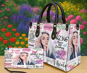 Personalized Glam Portrait Handbag & Wallet Options – Custom Name Art Design, Pastel Fashion Illustration with Inspirational Quotes, Top Handle Purse or Zipper Wallet, Meaningful Gift for Her