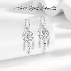 Dreamcatcher Earrings with Multi-Colored CZ and Feather Design, Bohemian Style Colorful Rainbow Ear Jewelry Perfect Gift for Women, Exquisite Hoop Ear Jewelry for Boho Chic or Casual Wear