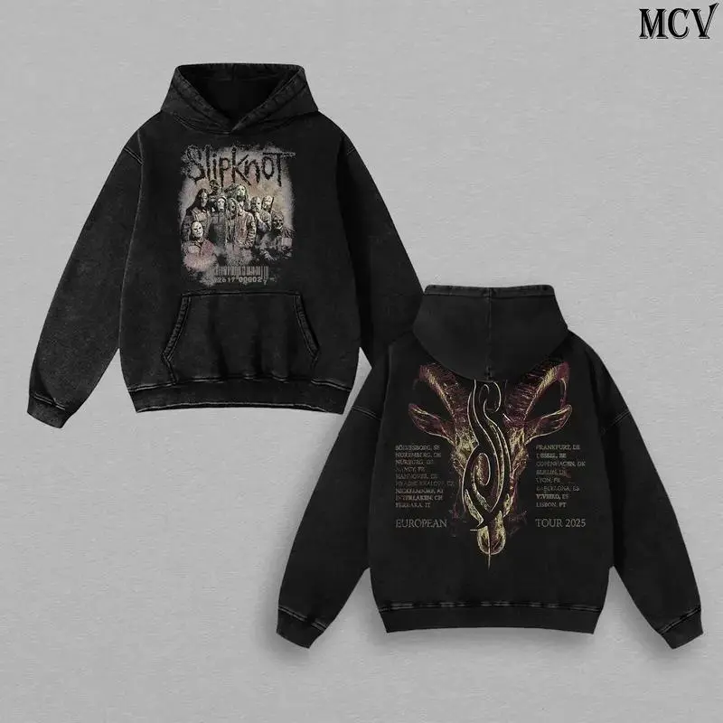 Slipknot European Tour Inspired Washed Hoodie, Heavy Metal Y2K Streetwear Oversized Hoodie