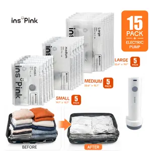 Inspink 15-Pack Multi-Size Vacuum Seal Bags Set with 25W USB Powered Rechargeable Handheld Pump, Home Organizer Space Saver for Clothes, Travel Gifts for Carry-On Suitcases summervibes