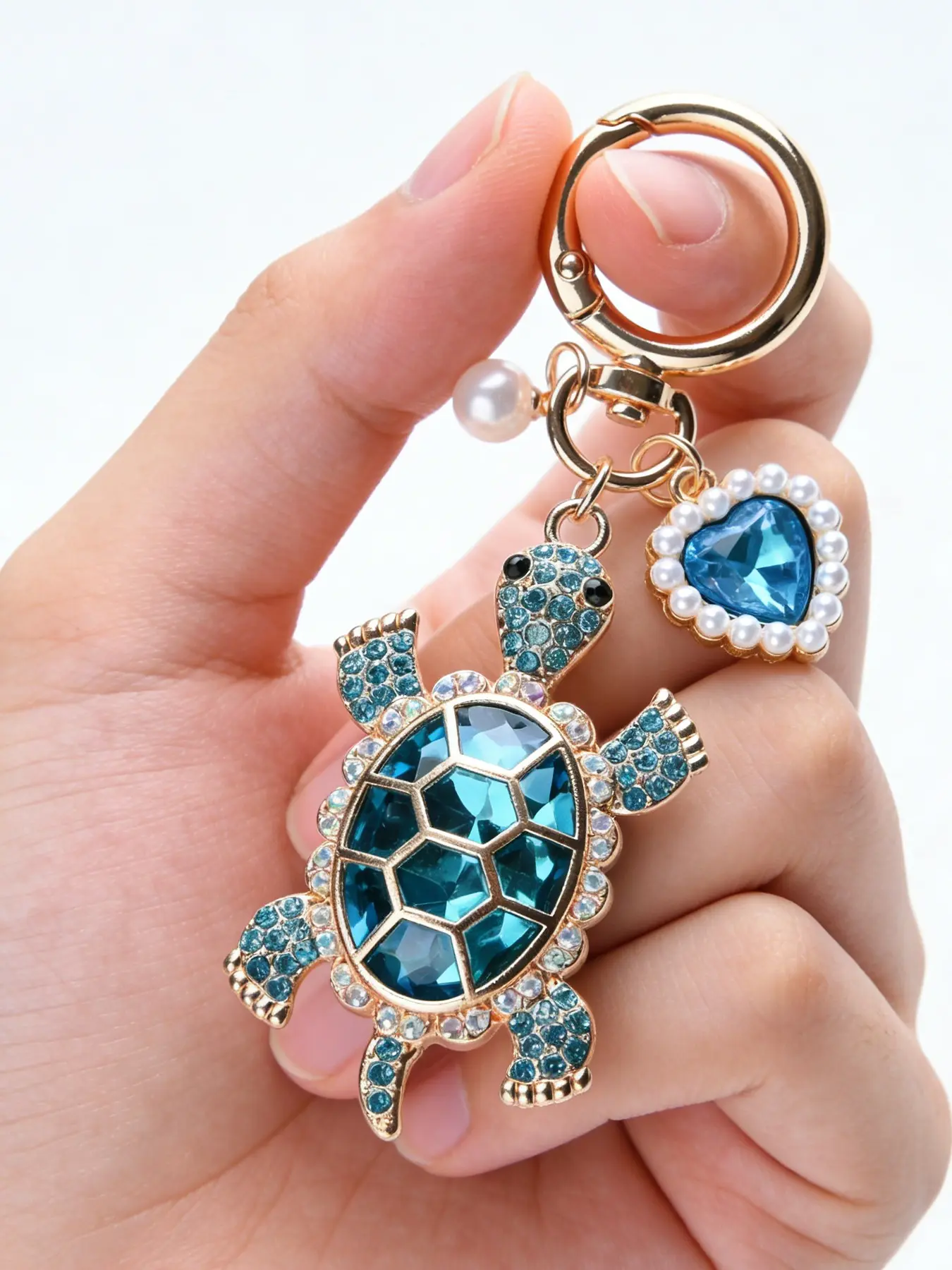 1 Turtle Keychain, Keychain Jewelry, Rhinestone-Studded Turtle Heart Pendant, Car Key Charm, Bag Charm, Keychain for bags, Heart-Shaped Imitation Pearl Pendant, Suitable for Graduation, Back to School, Birthday Gift, Mother's Day G