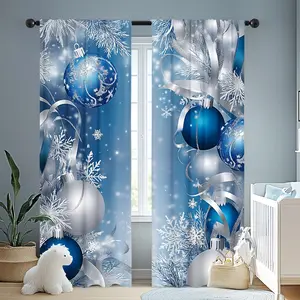 2-Piece Set, Holiday Christmas Blue Ball Printed Curtains - Snowflake and Ribbon Design, Easy to Hang on Rod, Translucent Polyester, Ideal for Living Rooms, Bedrooms, Offices, Kitchens and Holiday Decorations, Christmas Decorating Supplies, Window Curtain
