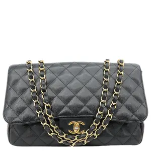 Pre-owned CHANEL Leather Shoulder Bags Classic Flap Jumbo Quilted Caviar Shoulder Bag Black