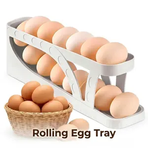2-Tier Automatic Egg Dispenser, Rolling Egg Tray Organizer for Refrigerator & Kitchen, Holds 15 Eggs, Space Saving Egg Storage Rack, Durable Polypropylene Egg Holder for Cabinets, Countertop & Dining Table (White)