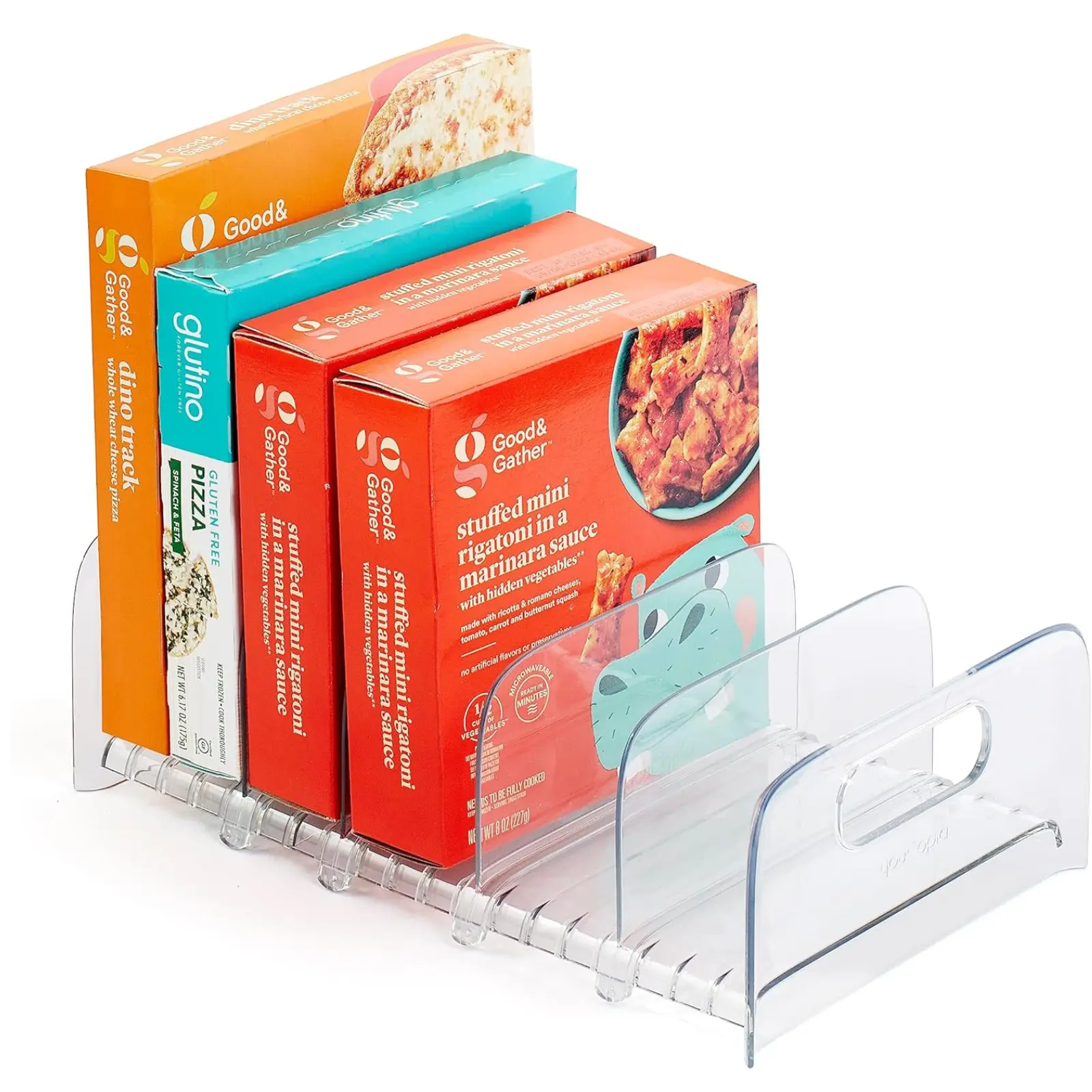 FreezeUp Freezer Rack 12" BPA-Free Fridge Organizer with Adjustable Dividers and Handles for Frozen Food Box and Meal Storage, Clear
