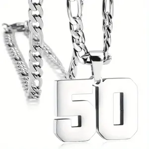 Stainless Steel Glossy Digital Pendant Necklace Set, 50-99 Stainless Steel Polished Digital Men's Necklace, Stainless Steel Sports Digital Sports Jersey Necklace, Baseball/Basketball/Soccer Team, Men's and Women's Jewelry