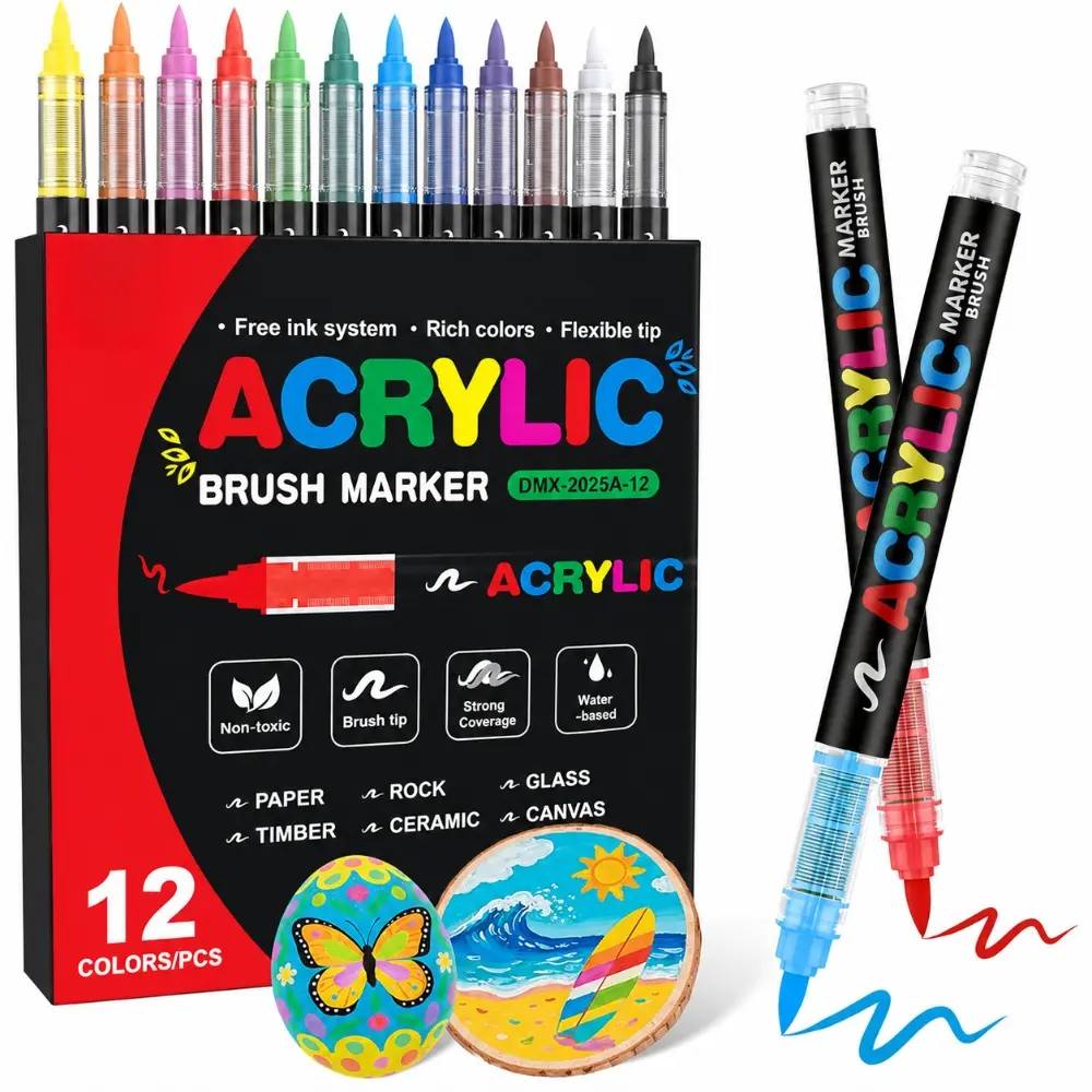 12 PCS Acrylic Paint Markers,Water-Based Acrylic,Soft Brush Tip Acrylic Paint Pens for Arts & Crafts,Kids Activity,School Classroom,Works on Paper, Metal,Wood,Ceramic,Glass,Rock,Canvas