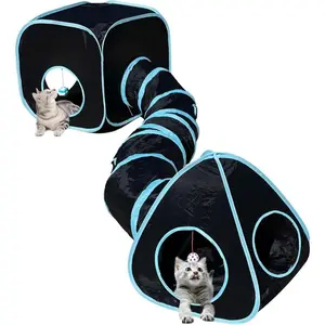 Cat Tunnels for Indoor Cats with Cube Tent Toys Combo, Pop Up Collapsible Crinkle Interactive Peek Hole, Cat Tube with Play Ball and Bell for Kitten, Puppy, Kitty, Rabbit - Set of 3