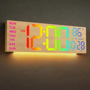 16" Large Wood Wall Clock with RGB LED Display,Night Light,Auto Brightness/DST,Dual Alarms,Temperature,Timer - for Living Room,, Classroom, Gym, Seniors Friendly