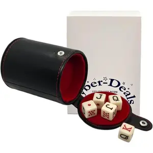 Spanish Poker Dice Set 16mm Dot K Q J 8 7 w/Pouch & PU Leather Dice Compartment Cup | Classic Ivory Dice, Red Lining Cup