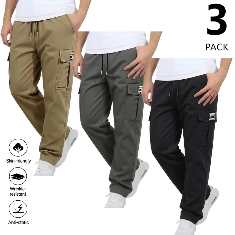 Clean Gent 3-pack men’s solid-color cargo pants with flap pockets and a drawstring waist; regular fit, comfortable casual long pants with slant pockets, suitable for spring and autumn—men’s everyday bottoms.