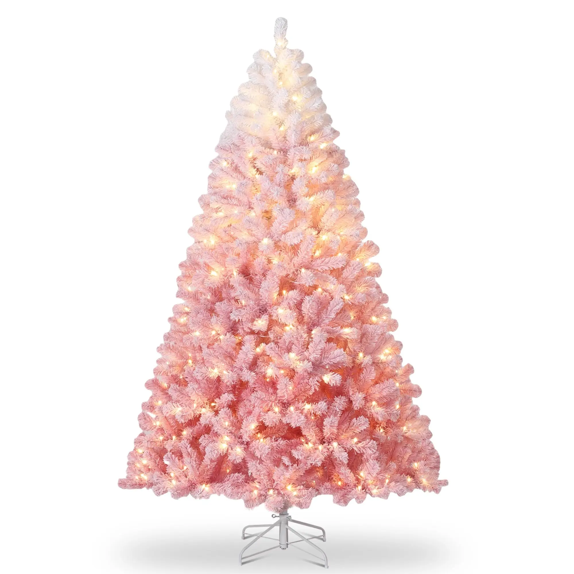 9FT Prelit Flocked Artificial Christmas Tree - Indoor Furniture with 2108 Snow Branch Tips, LED Lights, Hand Gloves, Foldable Base, Kraft Paper, Pink Gradient for Home Holiday Decor, Indoors, Home Supplies