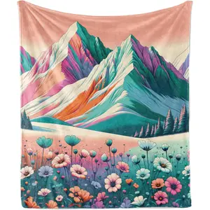 Lunarable Fluffy Custom Personalized Abstract Print Pink Throw Blanket, Modern Art Nature Landscape Daisy Flowers Colorful Peaks Flannel Fleece Soft Couch Cover for Adults, 50"x70", Coral Pink-Turquoise, Fluffy Blankets