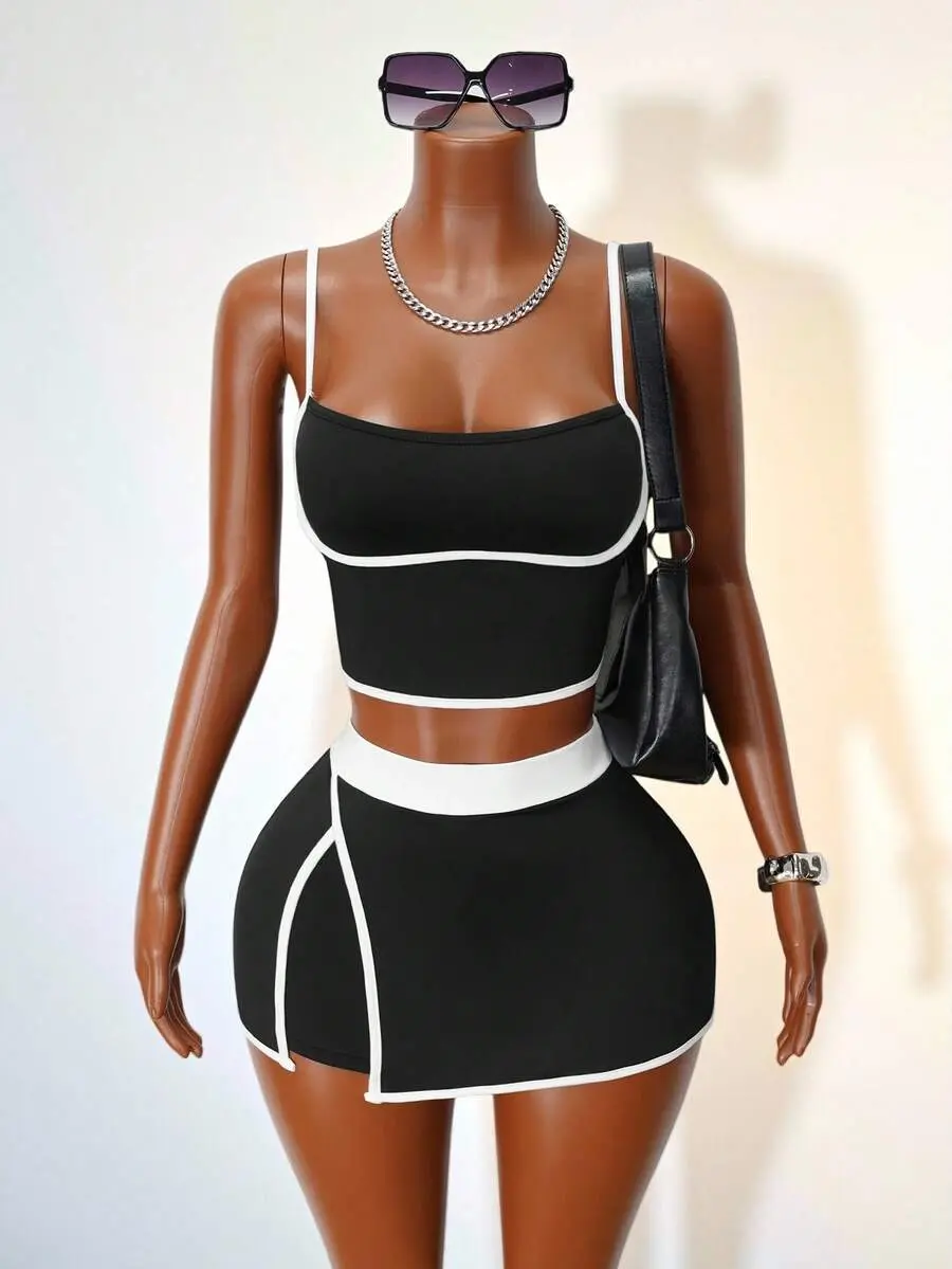 TRU Women Black And White Colorblock Cropped Camisole And Skort Two Pieces Set, Casual Knitted Contrast Binding Cute Cow Boy Night Summer 2 Pieces Outfit
