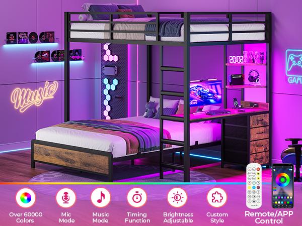 ADORNEVE Bunk Bed with Desk, Full Over Full Bunk Beds with Charging Station & Led Lights, 4 Storage Drawers & 2 Open Storage Shelves, Metal Loft Bed with Safety Guardrail & Ladder for Kids/Teen Bed Unit House Bunk Bed ADORNEVE Bunk Bed with Desk, Full Over Full Bunk Beds with Charging Station & Led Lights, 4 Storage Drawers & 2 Open Storage Shelves, Metal Loft Bed with Safety Guardrail & Ladder for Kids/Teen Bed Unit House Bunk Bed