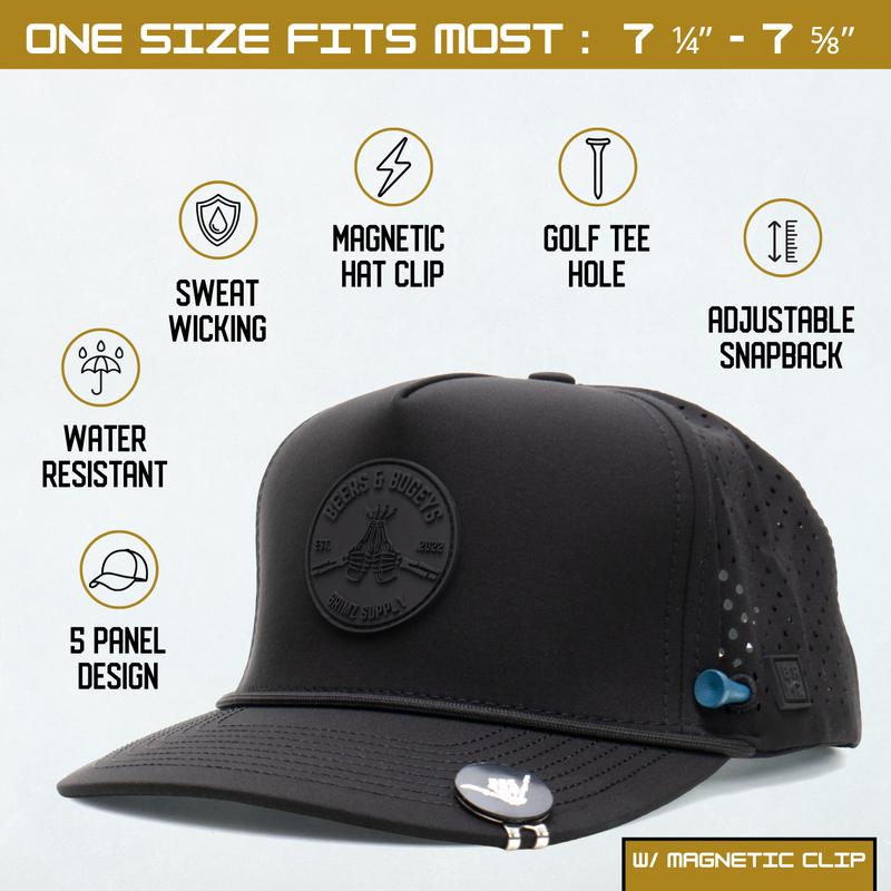 BRIMZ Golf Performance Hat - Breathable Sweat & Water Resistant Golfing Snapback Cap with Tee Holder & Magnetic Ball Marker (Beers & Bogeys)