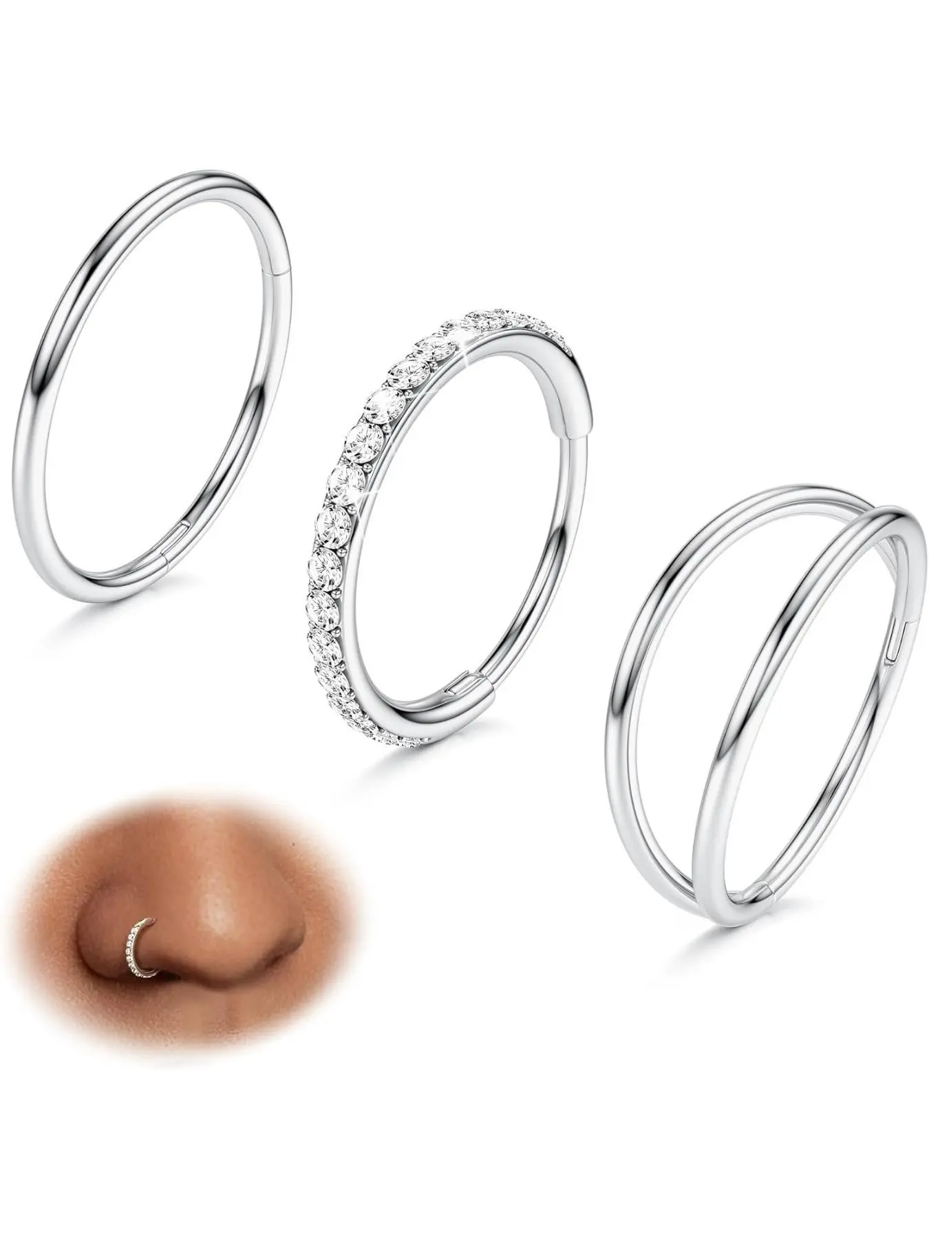 3pcs Nose Rings Hoop 316L Steel Double Hoop Nose Rings 16G/18G/20G Hinged CZ Conch Body Piercing Jewelry Septum Clicker Hypoallergenic Septum Rings Lip Rings Cartilage Earring Helix Rook Tragus Daith 7mm/8mm/9mm/10mm