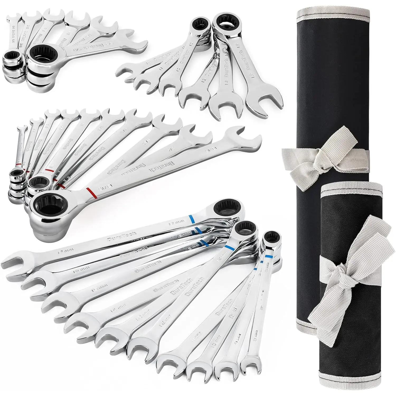 32- Ratcheting Combination Wrench Set, 20 count Combo Wrench Set & 12P CS Stubby Wrench Set, SAE & Metric, CR-V Steel, with Rolling Pouch