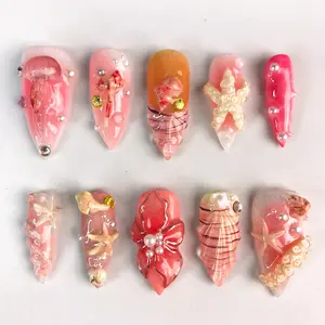 Pink Ocean Mermaid Press On Nails Handmade 3D Shell Starfish Nail Set - Glossy Beachcore Acrylic False Nails for Summer Vacation Style 2026