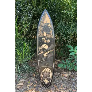 Tropical Island, Surfer, Habiscus, and Sea Turtle Tribal Surfboard Wood Carving Wall Plaque 39"x 10"