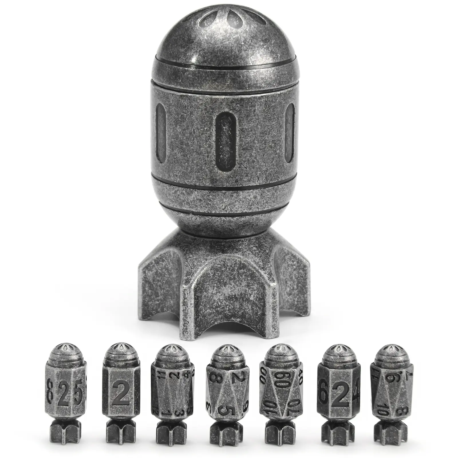Missile Metal DND Dice Set of 7 with Spinning Missile Shaped Container, Unique Cool Bullet DnD Dice for Dungeons and Dragons