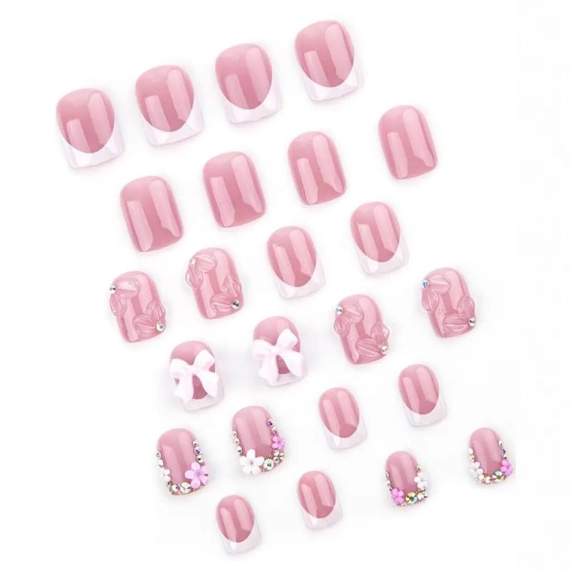 Press on Short Square Fake Nails with 3D Bow Charms Design - Flower False Glue on Cute Acrylic Rhinestone Glossy Full Cover Stick on for Women Manicure - 24Pcs Press on Short Square Fake Nails with 3D Bow Charms Design - Flower False Glue on Cute Acrylic Rhinestone Glossy Full Cover Stick on for Women Manicure - 24Pcs