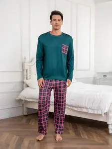 Men's Round Neck Button-Up Shirt & Plaid Print Pants Sleepwear Set, Comfortable Men's Pajamas, Fashion Home Casual Wear