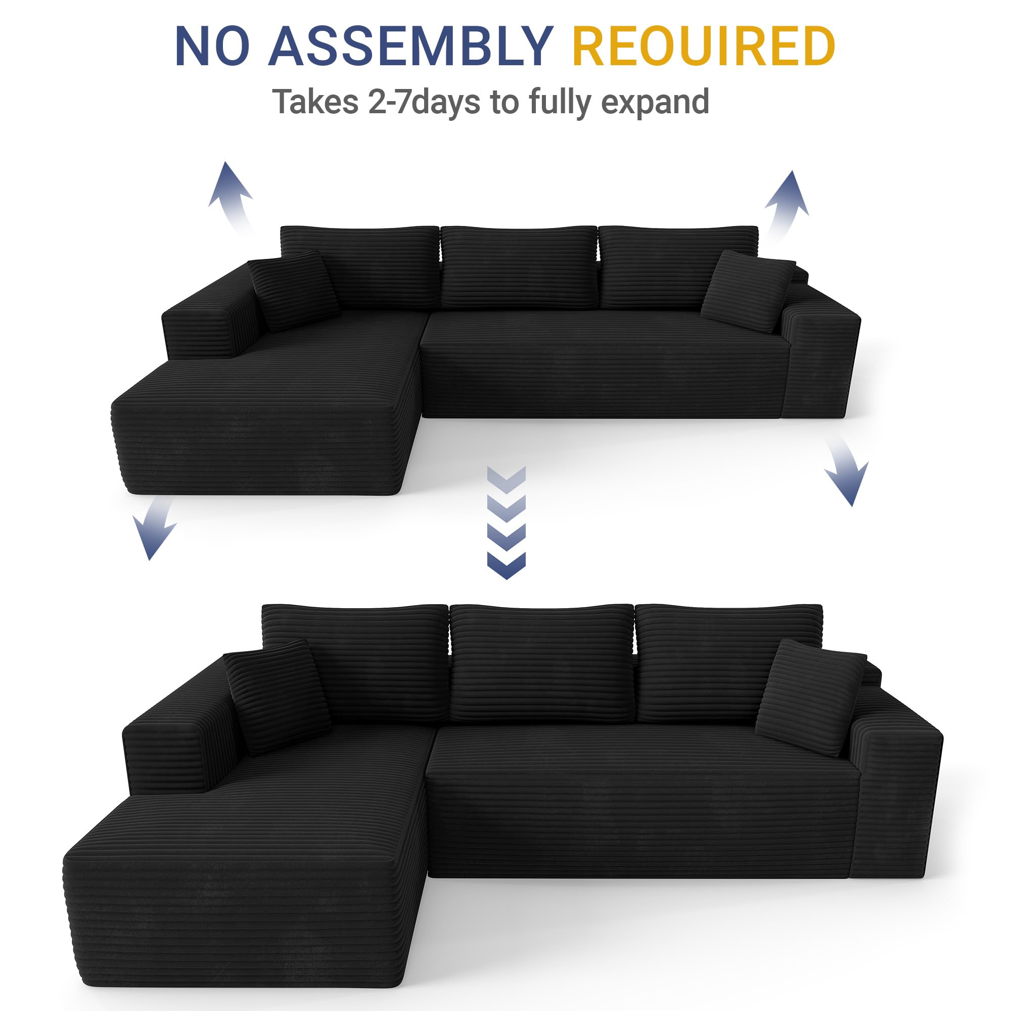 106.3" L-Shaped Modular Corduroy Sectional Sofa, 1400 LBS, No Assembly, Cooling Gel Foam Pet Friendly Cloud Couch for Living Room