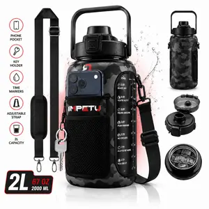 IMPETU 2L Motivational Water Bottle with Sleeve – 67 oz Insulated Stainless Steel Jug | Phone Pocket, Key Holder, Adjustable Strap | Gym, Outdoor & Everyday Hydration
