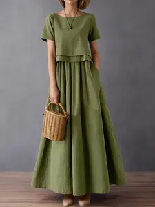 Women's Casual Fashion Long Dress, Short Sleeve Design, Solid Color, A-Line Hem, Autumn Retro Style, All Seasons Wear