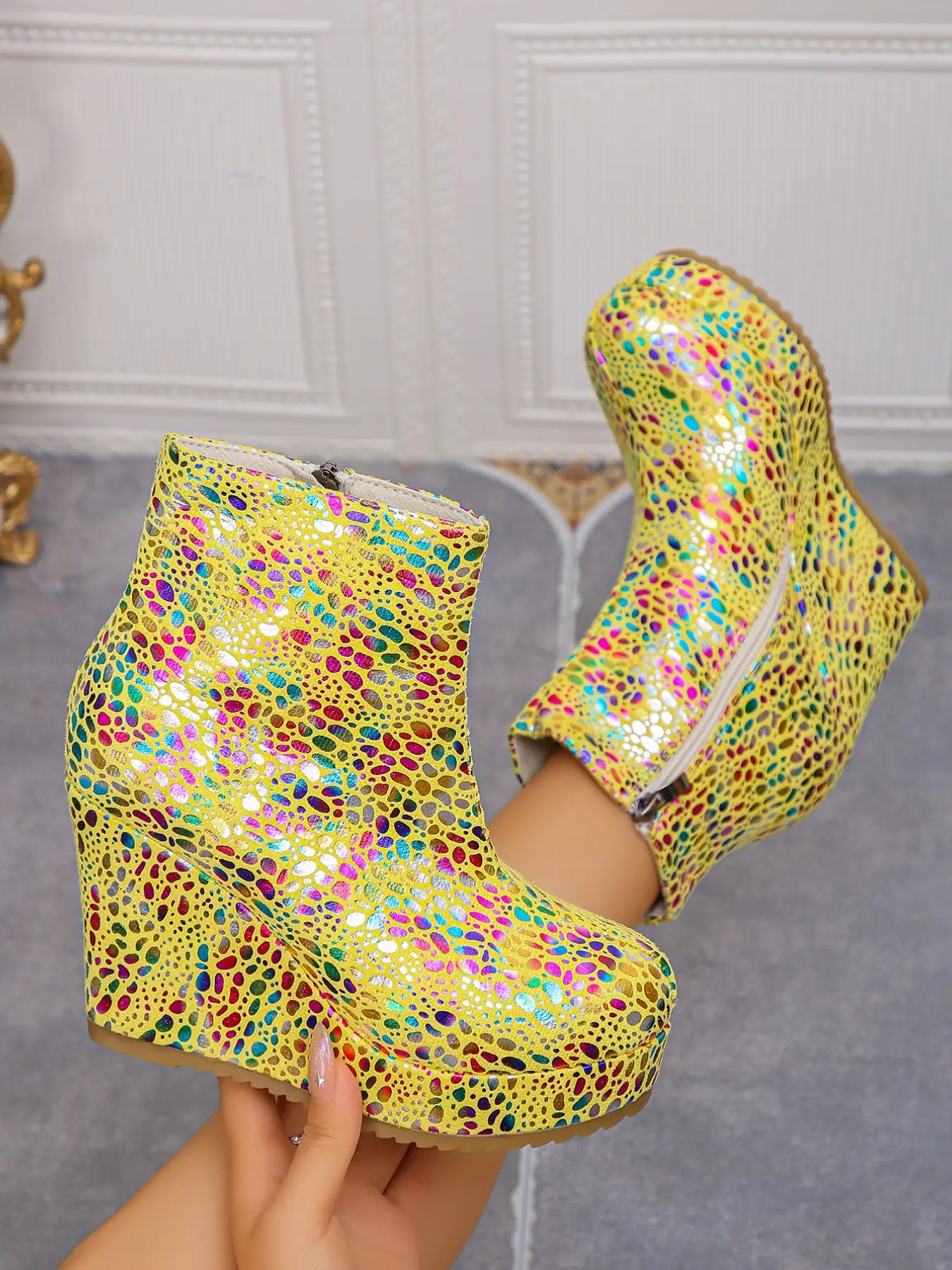 Women's Laser Bright Sequin Heeled Short Boots, Round Toe, Ankle Height, Side Zipper, Party Style, Y2K Fashion, Music, Stage Performance