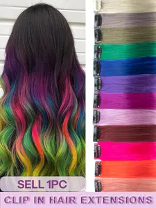 1 Pc Clip in hair extension Real Human Hair 1clipColored Hair Extensions Red Hair Clip In Human Hair Rainbow Color Party Highlights Straight Hairpieces for Women Girls Cosplay Clip-In Hair Extensions Purple Color 16inch