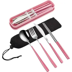 4- Portable Travel Utensils Set with Case 18/8 Stainless Steel Flatware Set  Cutlery Set with Fork Spoon  Chopstick for Lunch Travel Camping School Work Picnic (Pink)