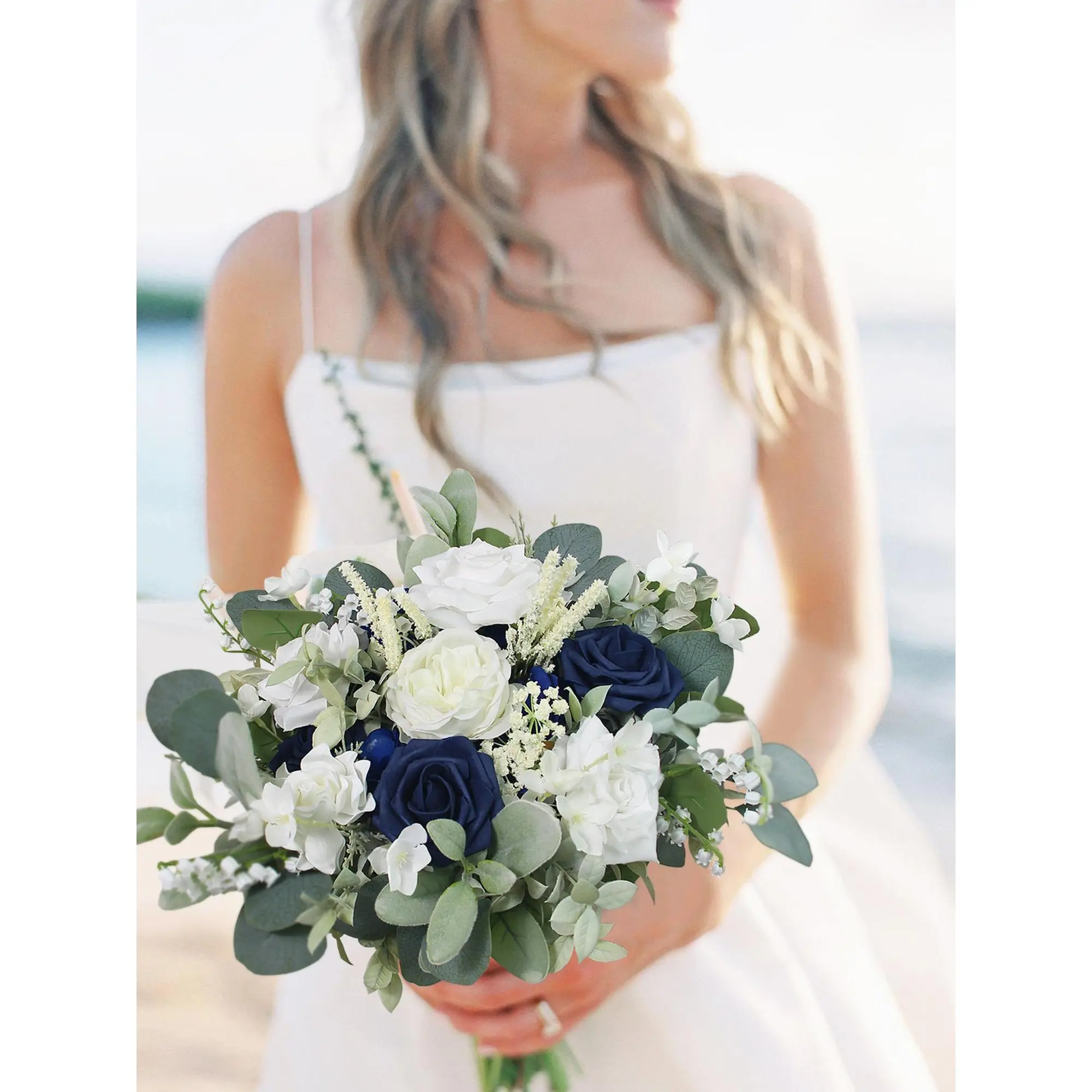 Rinlong Soft Romantic Navy Blue & White Bridal Bouquet - 11.8 inches Wide, Wedding Garden Flowers with Roses & Lavender for Wedding Decor, Elegant