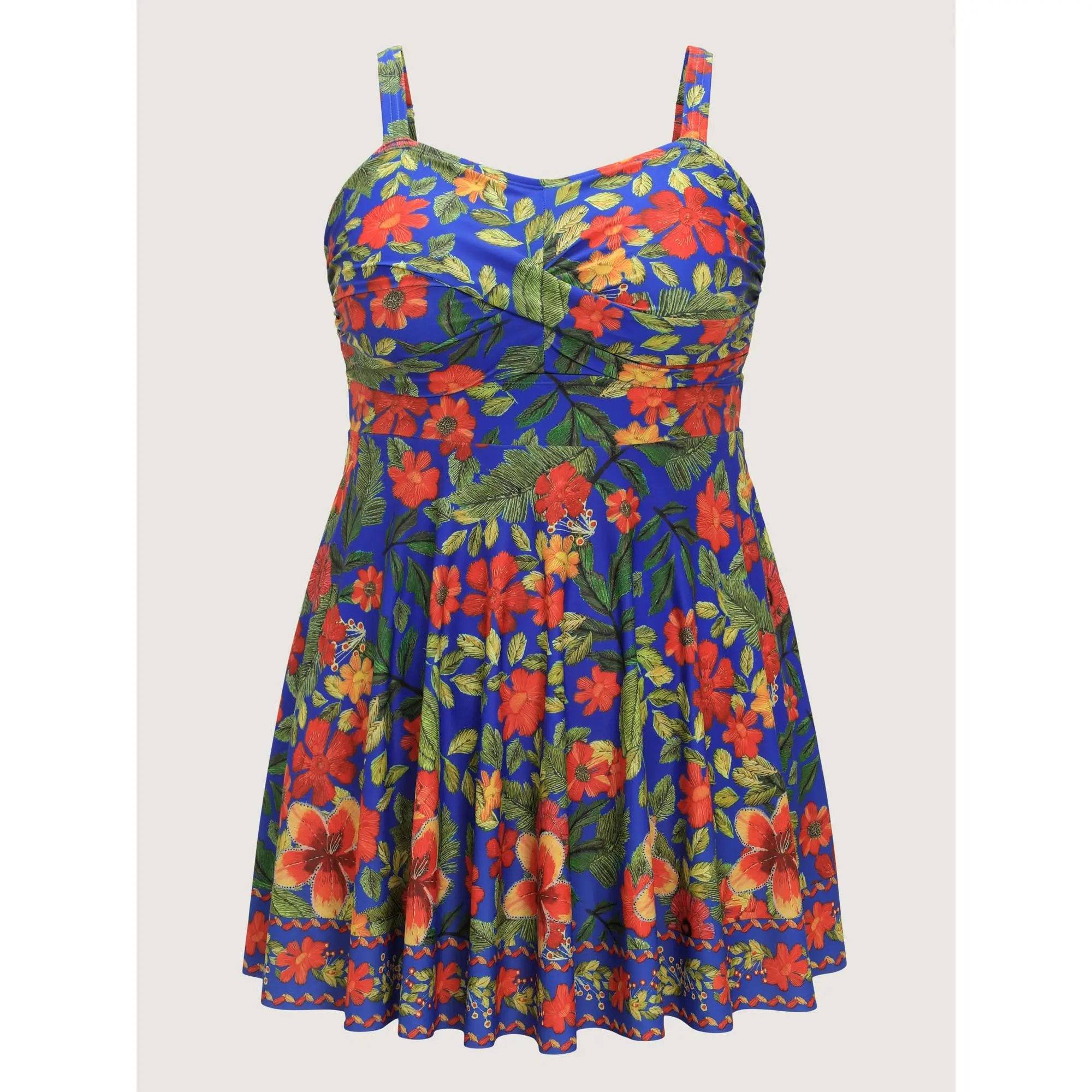 BloomChic Plus Size Floral Twist Front Tunic Swim Dress with Bikini Shorts, Strappy Hip-Flattering Polyester Swimsuit for Beach, Strappy Swim Dress, Plus Size Clothes, Bathing Suit Women, Stretch, Bathing Suit Dress, Swim Dress Swimsuit